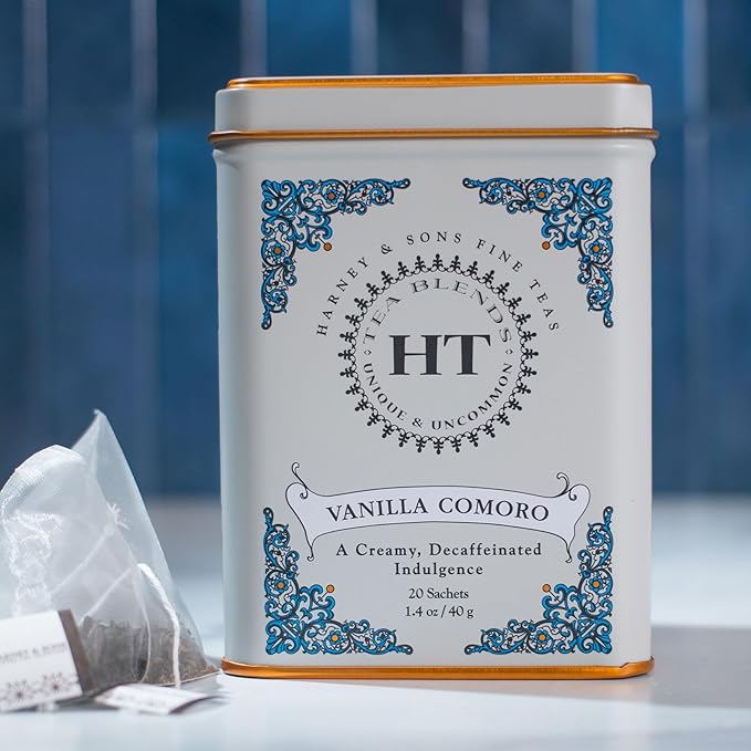 Harney & Sons Tea Decaffeinated, Great Present Idea, Vanilla Comoro, 1.4 oz Tin (20 Sachets) - Bloomnest