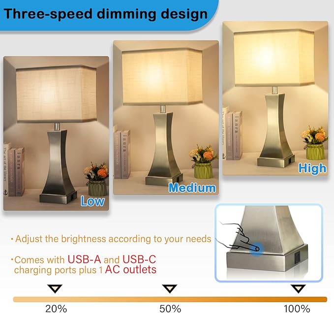 Table Lamp for Bedroom 3-Way Dimmable Touch Control Bedside Lamp with USB A+C Port & Outlet 21.6" Tall Nightstand Lamp for Living Room Bedroom Office and Hotel Bulb Included - Bloomnest