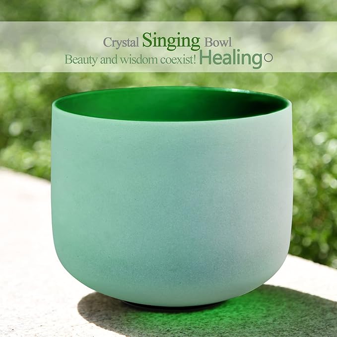 RYAN DVAN 432 hz 8” F Note Green Frosted Heart Chakra Crystal Singing Bowl with Free Heavy-Duty Carrying Case and Suede Striker O-Ring - Bloomnest