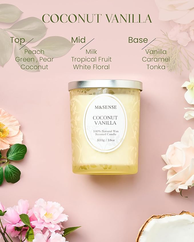 M&SENSE Coconut Vanilla Scented Candle, Cracking Wooden Wick Soy Wax, 18oz 100 Hours Long Lasting Clean Burn, Large Jar Candles for Home Decor, Non-Toxic Relaxing Aromatherapy Gifts for Women - Bloomnest