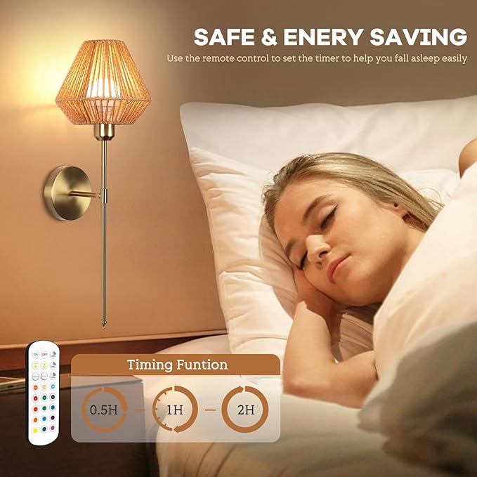 Battery Operated Wall Sconce Set of 2, Rattan Rechargeable Wall Light Dimmable with Remote Control, 15 Color Changing and Timer, Boho Wireless Battery Operated Wall lamps for Bedroom, living room - Bloomnest