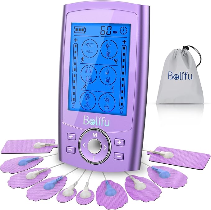 Belfiu TENS & PMS 24 Modes Muscle Stimulator for Pain Relief Therapy, Electronic Pulse Massager Muscle Massager with 10 Pads, Dust-Proof Drawstring Storage Bag, Fastening Cable Ties Belifu