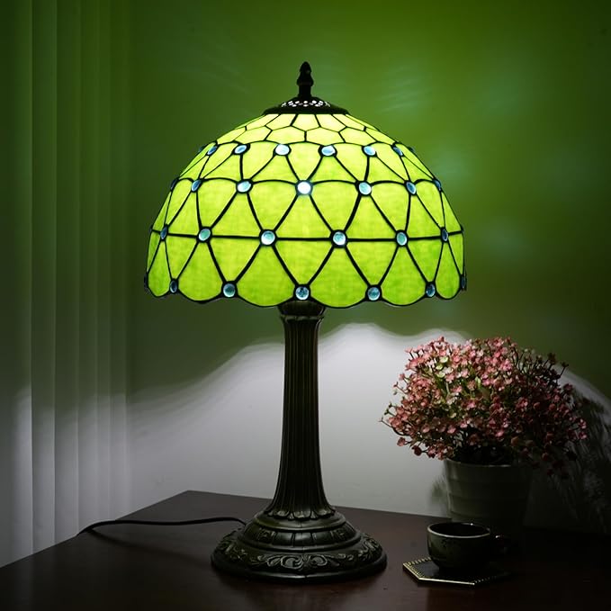 Green Tiffany Lamp For Bedrooms Bedside Stained Glass Table Lamp Farmhouse Lamps Night Stands Retro Traditional Nightstand Desk Decor Blue Beads Side Living Room End Desk Reding Lighting 12x12x19 Inch - Bloomnest