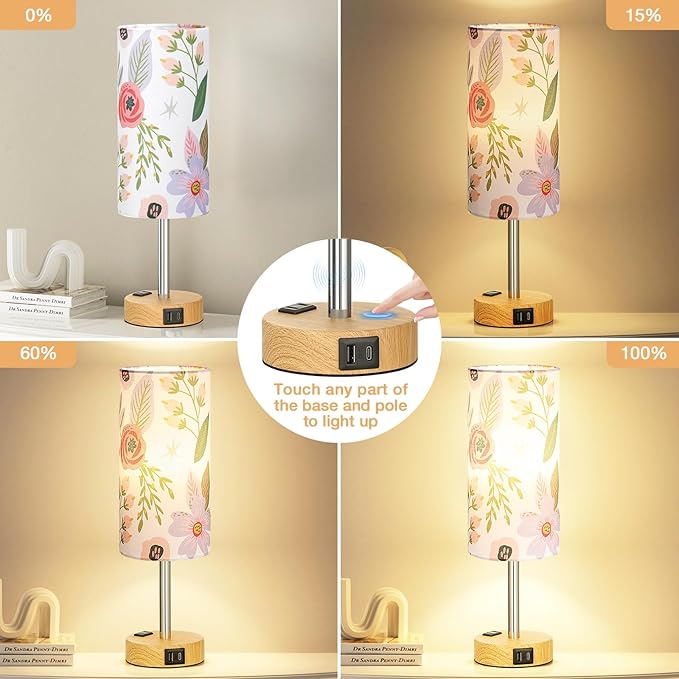 Fenmzee Floral Touch Lamp for Bedroom- 3 Way Dimmable Bedside Lamp USB C A Charging Ports and AC Outlet, Small Table Lamp Floral Linen Lampshade for Gift, LED Bulb Included - Bloomnest