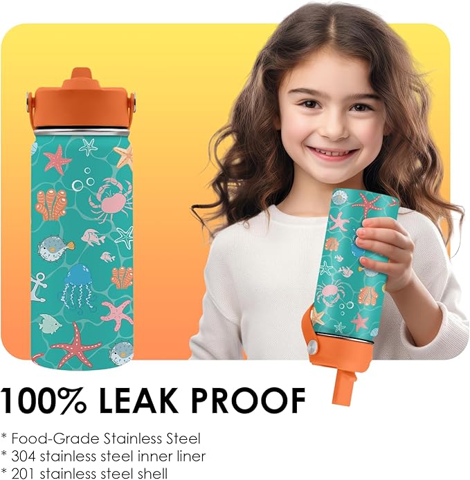 Ocean Gifts for Kids - 16 Oz Green Water Bottle with Straw Lid, Stainless Steel Insulated Tumbler, Leak Proof, BPA-Free, for Girls & Boys, School, Beach - Marine Life Lovers Birthday Gifts (1pc) - Bloomnest