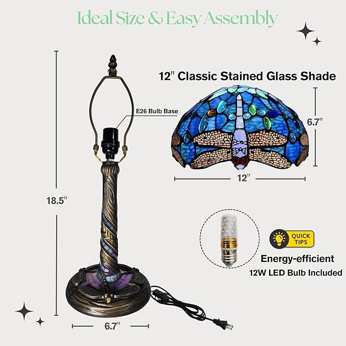 Tiffany-Style Table Lamp, 12" Blue Dragonfly Handmade Stained Glass Lamp Shade, Vintage Reading Light for Bedroom Living Room, LED Bulb Included - Bloomnest