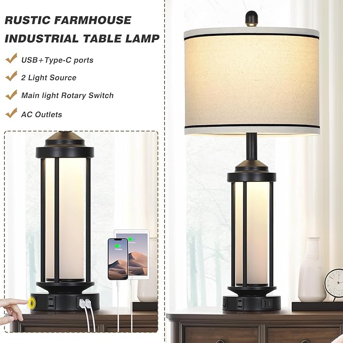 Table Lamps for Living Room Set of 2, Black Farmhouse Rustic Industrial Table Lamp with USB A+C Charging Ports & AC Outlet, 27" Modern Table Lamps with LED Night Light & Linen Fabric Lampshade - Bloomnest