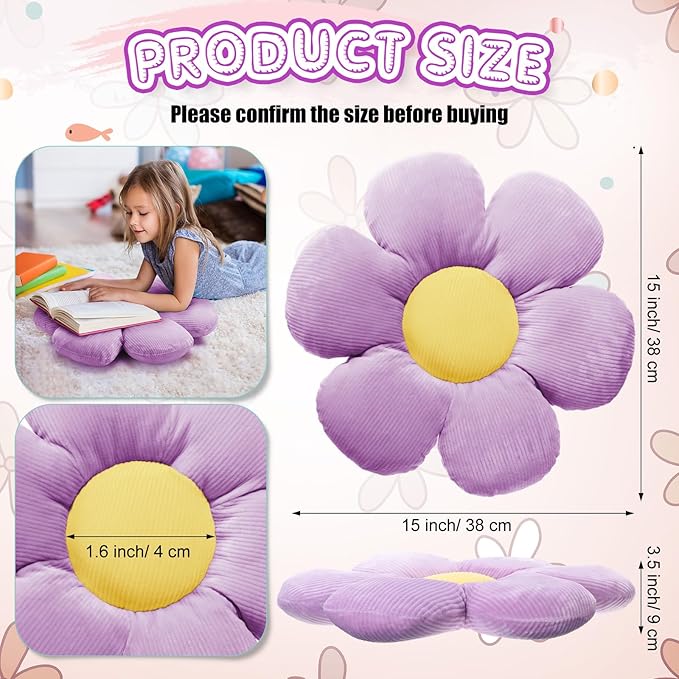 Reginary 4 Pcs Flower Floor Pillows Cute Plush Flower Throw Pillows Daisy Floor Seat Cushion Chair Pads for Christmas First Day of School for Sofa Couch Bed Decor(15 Inch,Black, White, Purple) - Bloomnest