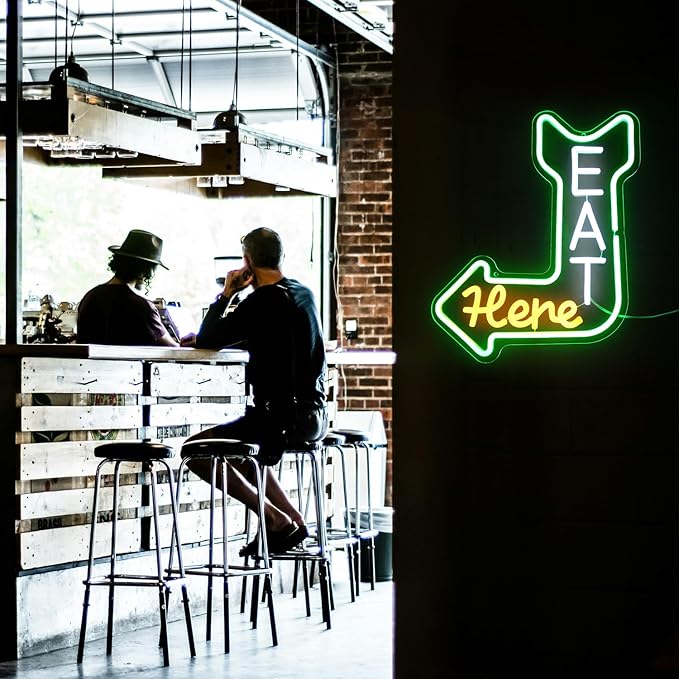 Eat Here Neon Sign Kitchen Neon Signs for Wall Decor with Arrow Guidance Green Orange White Eat Dimmable LED Sign Diner Neon Signs for Wall Bar Restaurant Kitchen Man Cave Decor - Bloomnest