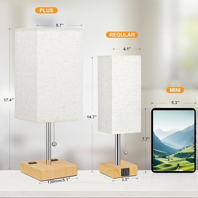aooshine Wood Grain Small Table Lamp for Bedroom - 3 Color Temperature 3000K 5000K 4000K Bedside Lamp, Pull Chain Control, USB A and C Ports, Bulb Included - Bloomnest
