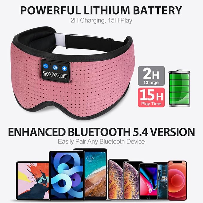 TOPOINT Sleep Mask with Bluetooth Headphones, Breathable Silk Eye Mask for Sleeping Men Women, Bluetooth Sleep Mask Blackout with Speakers, Microphone Handsfree, USB C for Travel Meditation Gifts - Bloomnest