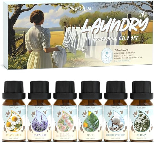 Laundry Fragrance Oils Set, Essential Oil Gift Set for Diffuser, Clean Scent Diffuser Oil, Use with Wool Dryer Balls or Diffuser,Chamomile, Fresh Cotton, Sage, Cedar, Lavender, Cherry Soap - Bloomnest