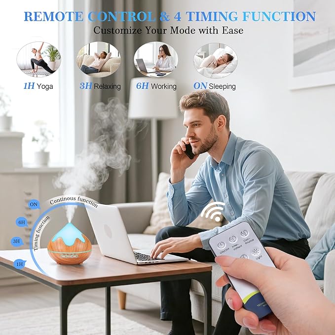 500ML Essential Oil Diffuser, Aromatherapy Diffuser with Remote Control, Multifunctional Air Diffusers for Home Office Room, Fragrance Aroma Diffuser with 7 Color LED & 2 Mist Mode, Light Brown - Bloomnest