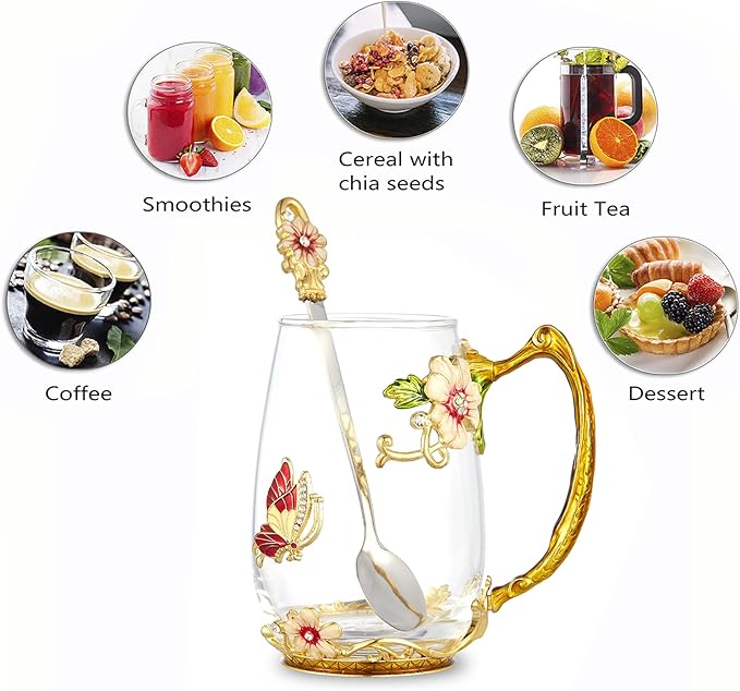 Flower Tea Cup,Clear Glass Fancy Coffee Mug with Spoon,Gift Box for Her Mom Wife Grandma Girls Friends Valentines Christmas Birthday Present Idea for Juice Milk Hot And Cold Drinks Use - Bloomnest