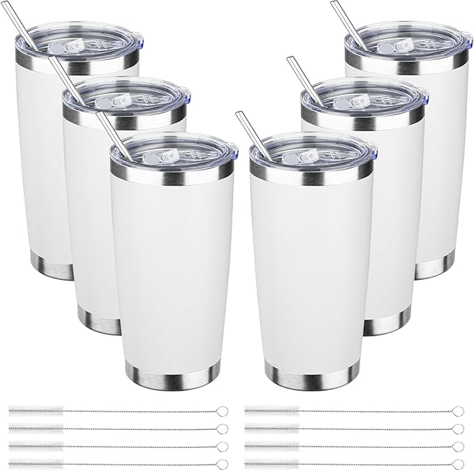 20oz Tumbler Bulk with Lid and Straw, Stainless Steel Double Wall Vacuum Insulated Travel Mug, Powder Coated Coffee Cups for Hot and Cold Drinks,Funny Gifts for Women Men(White,6) - Bloomnest