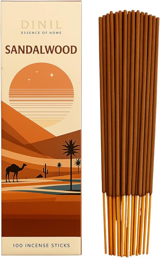 Dinil Sandalwood Incense Sticks – 100 Sticks | Hand-Rolled, Charcoal-Free | Clean Burn, Low Smoke | Aromatic Incense for Meditation, Yoga & Home Fragrance Dinil