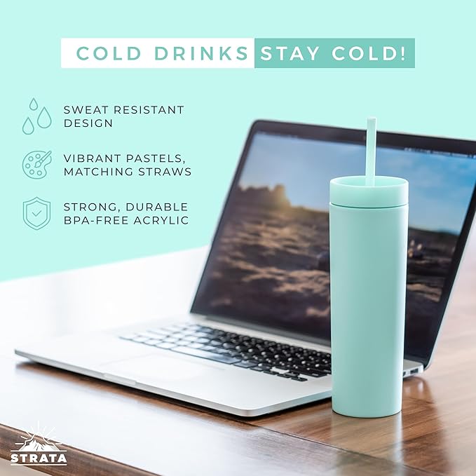 STRATA CUPS Multicolor Skinny Tumblers with Lids and Straws (12 pack) - 16oz Double Wall Acrylic Tumbler, Tall Matte Skinny Tumblers, Bulk with Free Straw Cleaner, Reusable Cups - Bloomnest