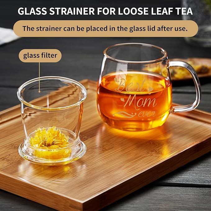 Glass Tea Cup 17.6oz, “Best Mom Ever” Mothers Day Cup with Gift Box, Gifts Mug for Mom, Glass Mug Teacup, Tea Cups for Mom Birthday, Perfect for Grandma & Daughter - Bloomnest