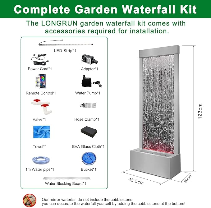 LONGRUN Mirror Waterfall Fountain Indoor, 48" Water Feature With 7 Colors Light, Self-Contained LED Kit, Large Stainless Steel Home Decor - Bloomnest