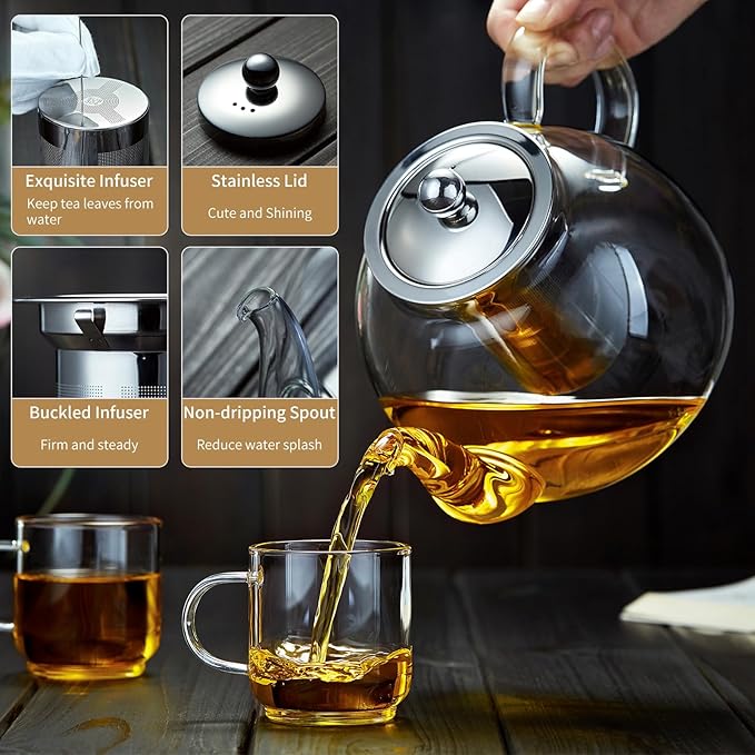 40OZ (1200ML) Glass Teapot with Infuser Stovetop Safe, Clear Glass Tea Pot Kettle, Borosilicate Tea Pot with Infusers Filter for Loose Tea, Tea Kettle Dishwasher Safe - Bloomnest