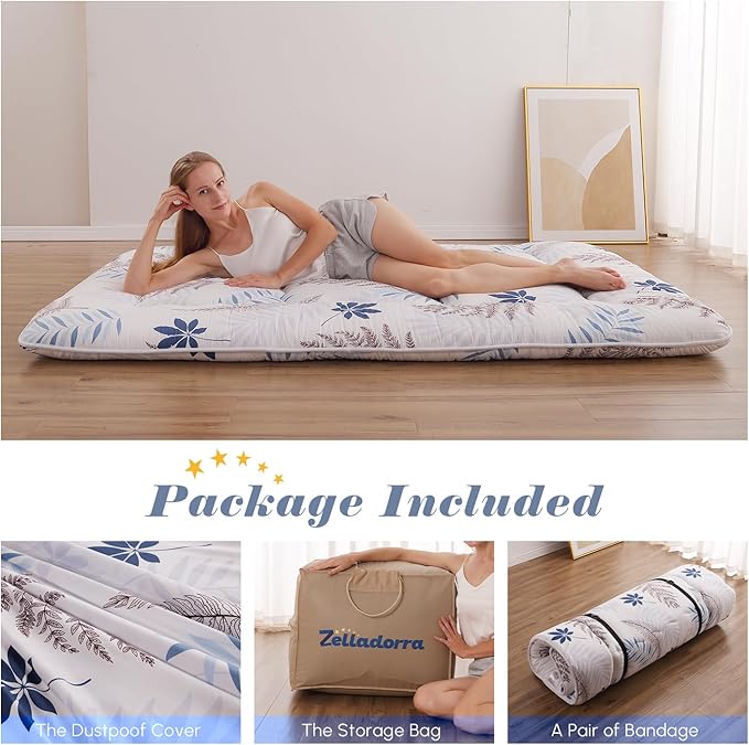 Japanese Floor Mattress, Futon Mattress with Portable Storage Bag and Washable Cover, Roll Up Thick Tatami Mat Suitable for Camping, Guest Room, White Leaf, Queen - Bloomnest