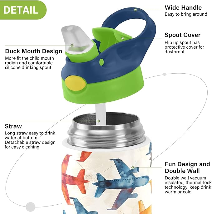 Rainbow Airplane Childish Doodle Kids Water Bottle with Straw Lid Insulated Tumbler with Handle Stainless Steel Reusable Toddlers Cup for Kids Boys 12 oz - Bloomnest
