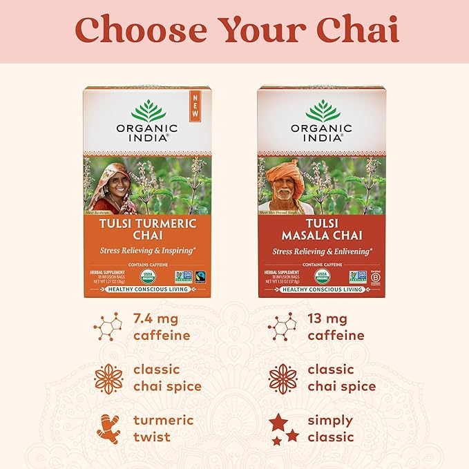 Organic India Tulsi Masala Chai Tea Bags - Holy Basil, Black Tea, Spices with Ginger, Stress Relieving, Immune Support, USDA Certified Organic, Antioxidant, Caffeinated - 18 Infusion Bags, 6 Pack - Bloomnest