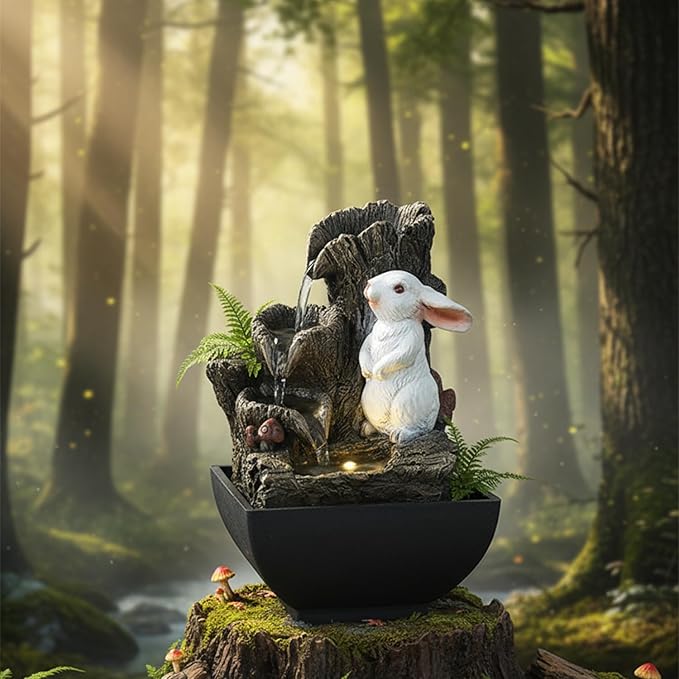 Cascading Rock Tabletop Fountain, Cute Indoor Waterfall Fountain with Colored LED Lights and Rolling Ball, 3 Tiered Desktop Fountain for Office Home Bedroom (Rabbit) - Bloomnest