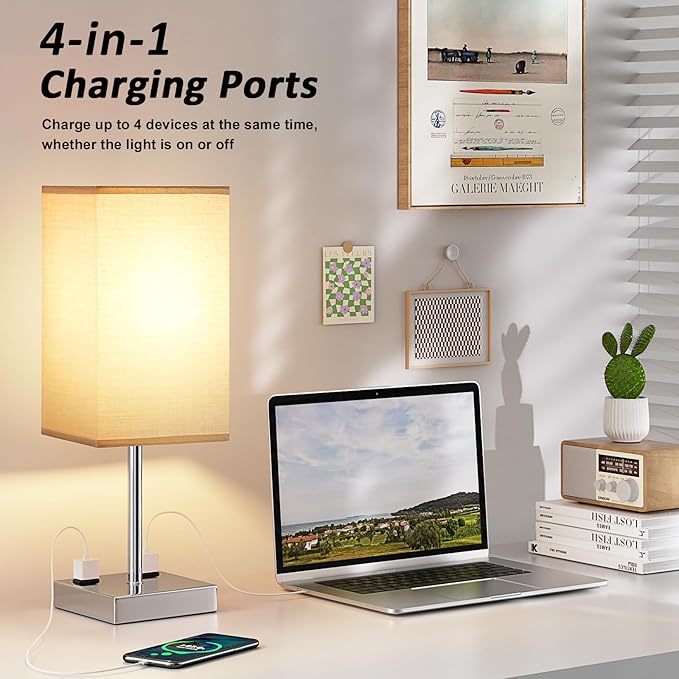 Touch Bedside Table Lamp For Nightstand - 3-Way Dimmable Night Lamp with USB A + Type C Charging Ports and two AC Outlets, Small Desk Light with E26 LED Bulb for Bedroom Living Room, GREY PLUS - Bloomnest