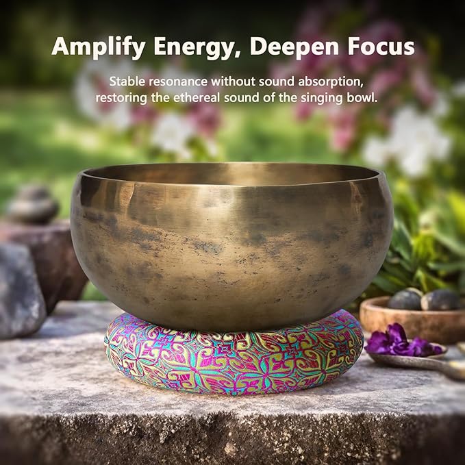 Singing Bowl Cushion for Tibetan Singing Bowls, Handmade Silk Brocade Round Cushion Pillow for Sound Healing and Crystal Sound Bowls Accessories(6.7 Inch,YellowPurple) - Bloomnest