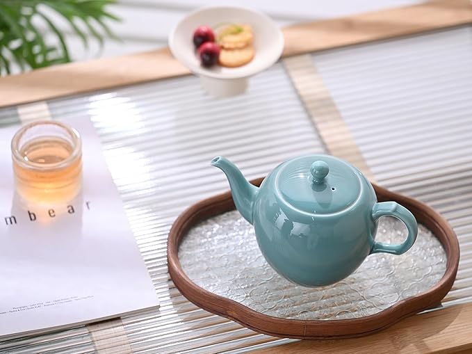 Antique Ceramic Teapot Coffee Pot with Infuser, 400ml (1-2 cups) Small Porcelain Tea Pots for Loose Leaf Tea, with Removable Stainless Steel Strainer and Lid for Gift (Cyan)