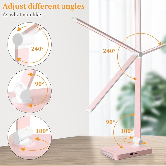 LED Desk Lamp with USB Ports,Touch Desk Lamps for Home Office with 5 Color Modes,3 Brightness Desk Light with Small Night Light,Reading Lamp Table Lamp for Bedroom Bedside Study Pink （with adapter） - Bloomnest