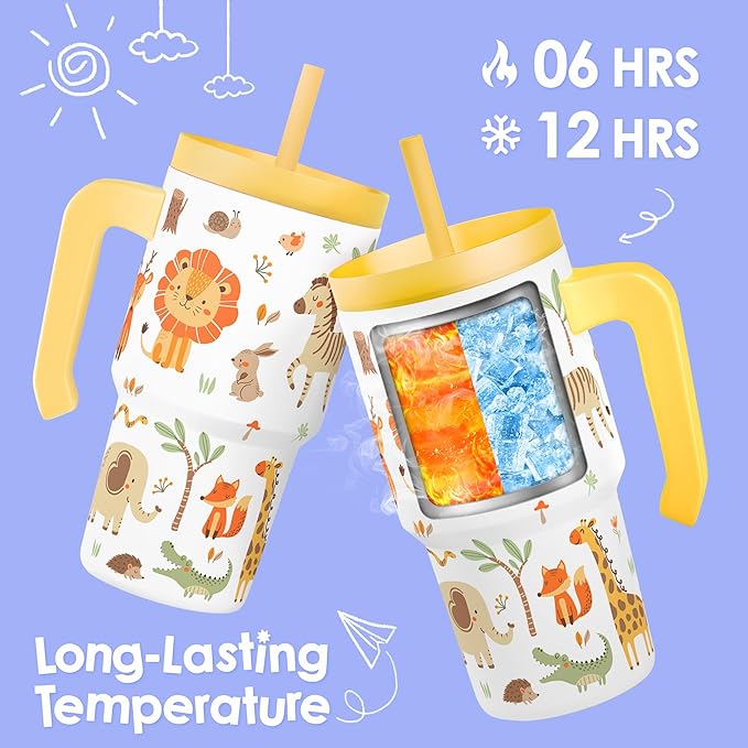 Jungle Animal Tumbler 20oz with Handle and Silicone Straw Lid for Kid, Insulated Stainless Steel Cup, Gift for Kids Boys, Gifts Idea for Birthday Christmas Back to School - Bloomnest