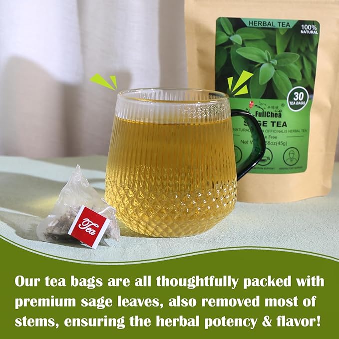 FullChea - Sage Tea Bags - 30 Count X 1.5g - Premium Natural Cut & Sifted Sage Leaf - Non-GMO - Caffeine-free - Rich in Antioxidants & Respiratory Support - Bloomnest