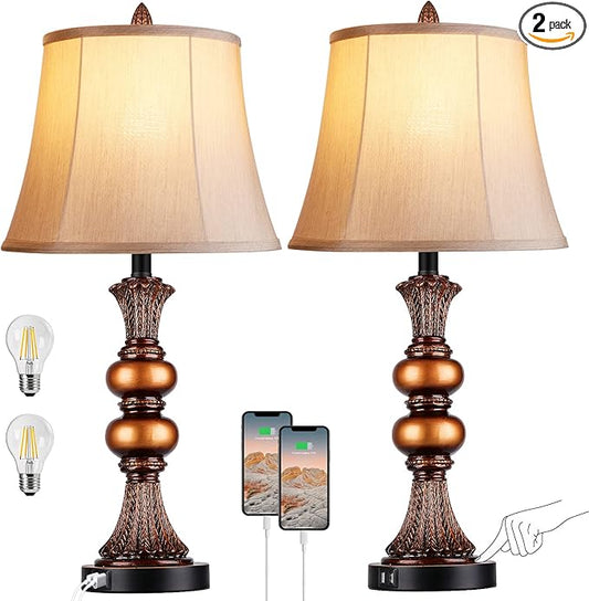 Set of 2 Touch Control Traditional Table Lamp, 27" H Bedside Lamps with 2 USB Charging Ports, 3-Way Dimmable Bronze Finish Large Nightstand Lamps with Bell Faux Silk Shade for Living Room, Bedroom - Bloomnest