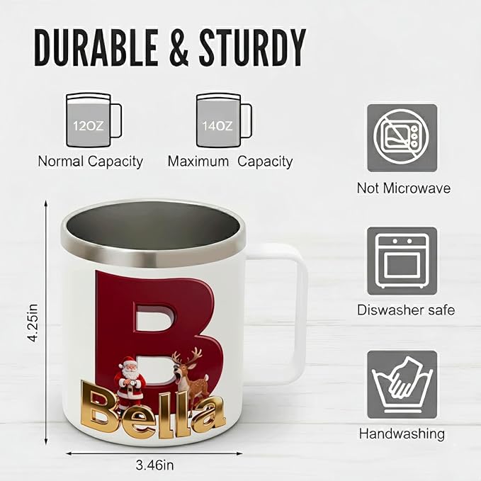 Personalized Christmas Insulated Coffee Mug with Handle – Letter [C] Double Wall Stainless Steel Travel Tumbler for Hot & Cold Drinks – Unique Holiday Gift for Men, Women, & Kids (B128) - Bloomnest