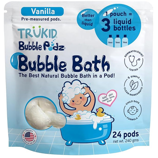TruKid Bubble Podz Bubble Bath for Kids, Toddlers, & Babies, Tear Free Gentle & Refreshing Bath Bomb for Sensitive Skin with Natural Moisturizers, Non-Toxic, pH Balanced, Vanilla Scent (24 Podz) - Bloomnest