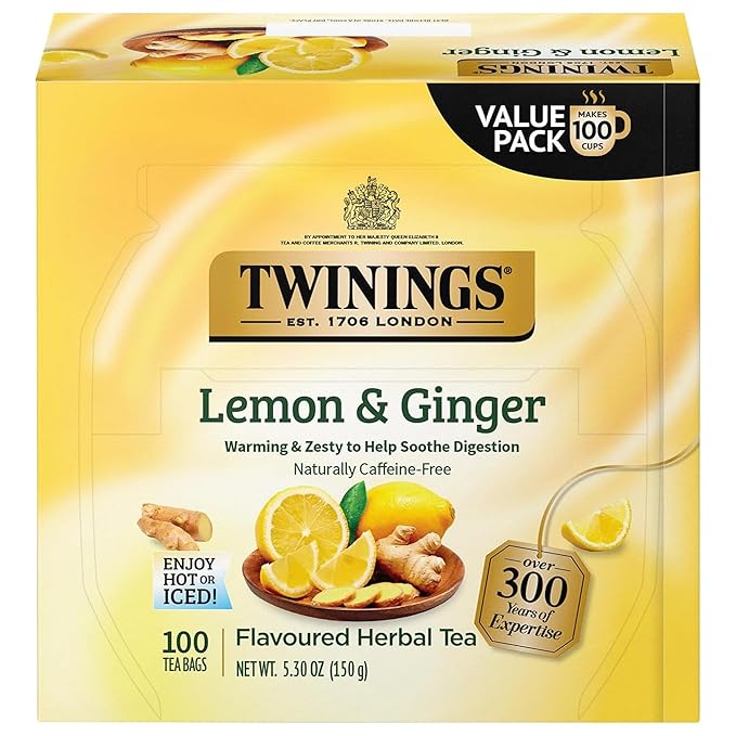 Twinings Lemon & Ginger Herbal Tea Individually Wrapped Bags, 100 Count (Pack of 1), Tangy Lemon, Spicy Ginger, Naturally Caffeine-Free, Enjoy Hot or Iced, 100 Teabags - Bloomnest
