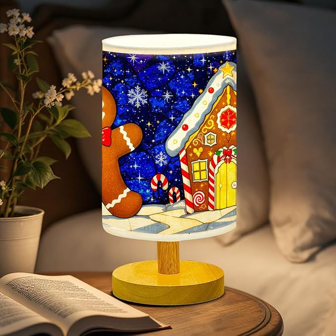 Gingerbread Table Lamp LED 3-Color Pressed Bedside for Merry Christmas, Gingerbread Shade Christmas Table Lamp with Wood Base for Bedroom Living Room Desk Office - Bloomnest
