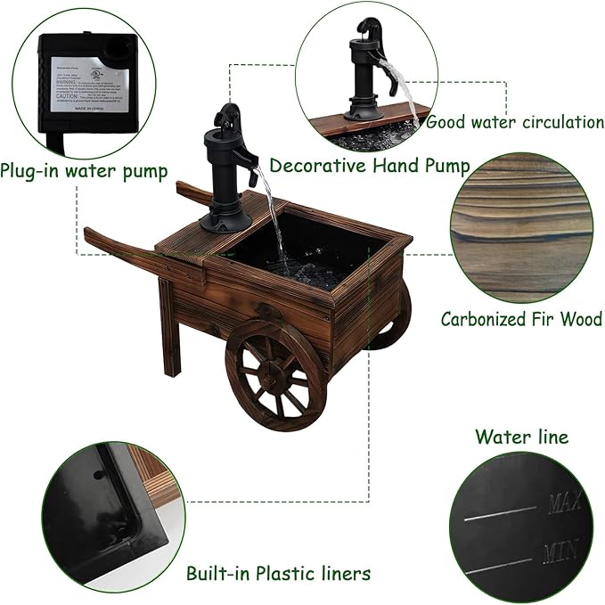 Carbonized Wood Outdoor Freestanding Fountain - Movable Vintage Hand Pump Cart, Plug-in Water Pump Electric Decorative Water Feature for Patio, Garden & Indoor Decoration - Bloomnest