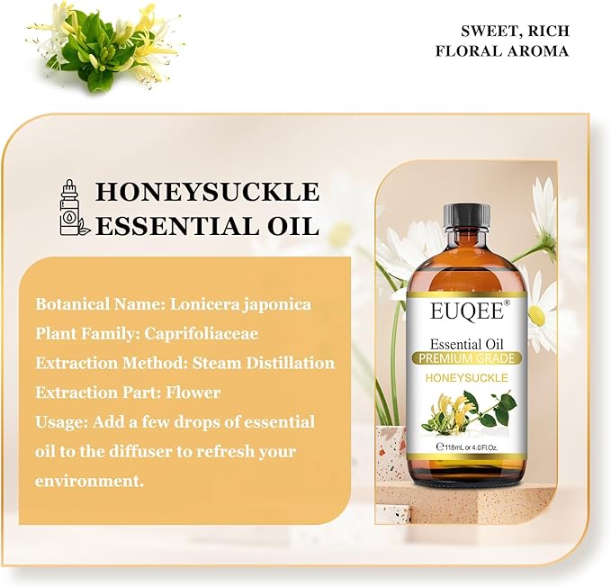 EUQEE Honeysuckle Essential Oil 118ml Pure Honeysuckle Oil Premium Essential Oil - with Glass Dropper Great for Diffuser, DIY Soap, Candle Making - 4Fl. OZ - Bloomnest