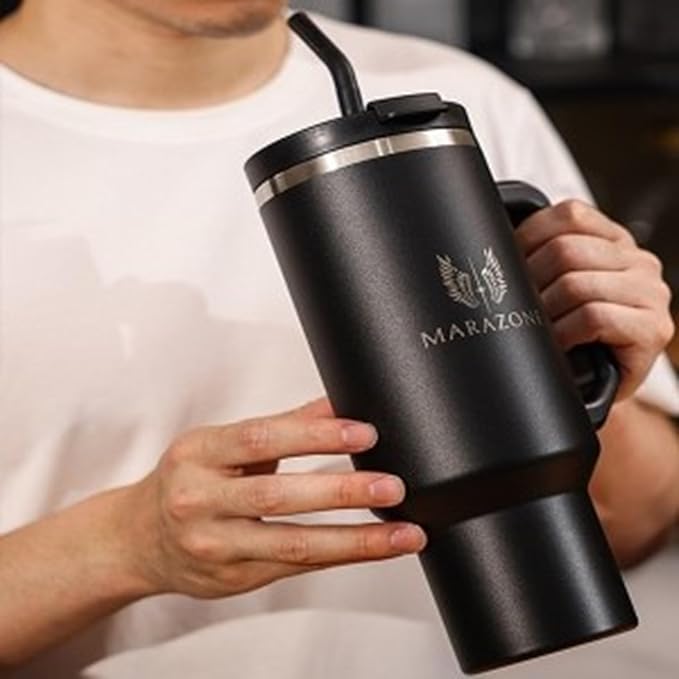 40 oz Insulated Tumbler with Handle and Straw – Stainless Steel Double Wall Vacuum Cup Fits Car Cup Holder, Hot Cold Travel Mug, BPA Free Reusable Water Bottle for Men Women - Midnight Black - Bloomnest