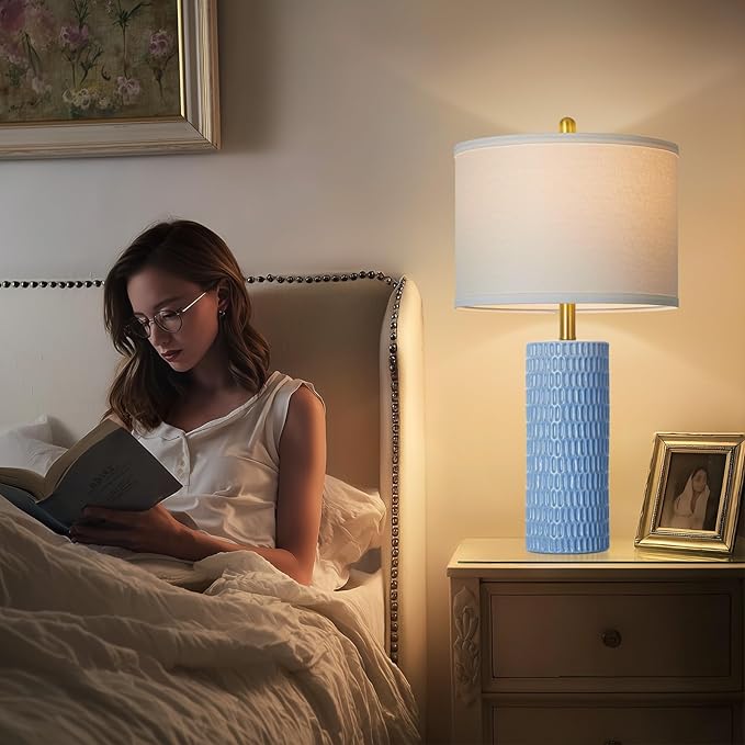 27" Blue Ceramic Lamps Set of 2, Coastal Ceramic Table Lamps for Living Room with Rotary Switch, Classic Bedside Lamp for Nightstand, Tall Lamps for Bedroom Side End Table Home Decor - Bloomnest