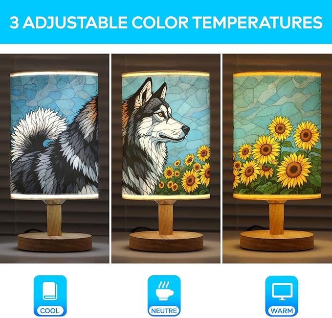 Alaskan Malamute Table Lamp LED 3-Color Pressed Bedside, Dog Shade Lamp with Wood Base for Bedroom Living Room Desk Office - Bloomnest