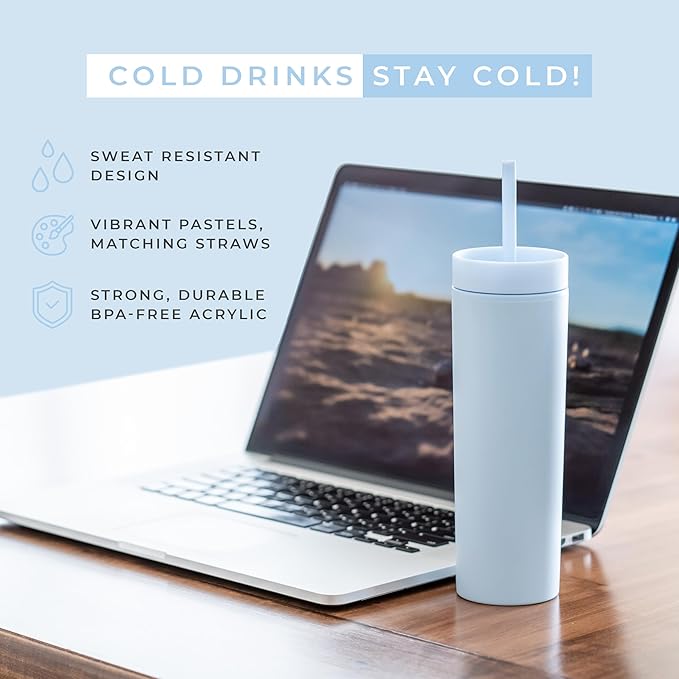 STRATA CUPS Perwinkle Skinny Tumblers with Lids and Straws (4 pack), 16oz Matte Pastel Colored Acrylic Tumblers with Lids and Straws, Double Wall Skinny Tumbler Bulk, Reusable Cup with Straw Cleaner - Bloomnest