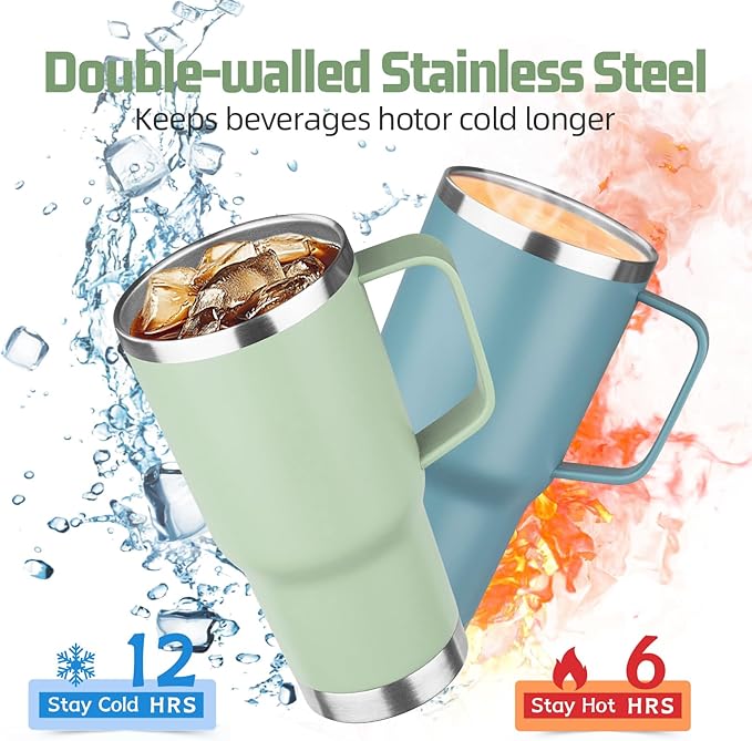 20 oz Tumbler with Handle Stainless Steel Insulated Coffee Tumbler with Lid and Straw Double Wall Vacuum Insulated Coffee Mug Leak Proof Travel Mug Tumbler for Hot and Cold Drink (Green Tea,8pack)