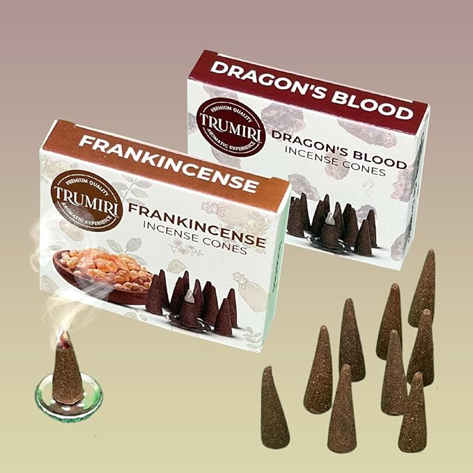 TRUMIRI Incense Cones Combo Pack - 20 Cone Incense - 10 Dragons Blood + 10 Frankincense TRUMIRI