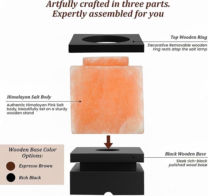 POHS 100% Authentic Himalayan Pink Salt Cube Lamp with Black Wooden Base, Dimmer Switch Cord and Two Bulbs, Night Light for Home and Office Table and Desk, Gift and Decor