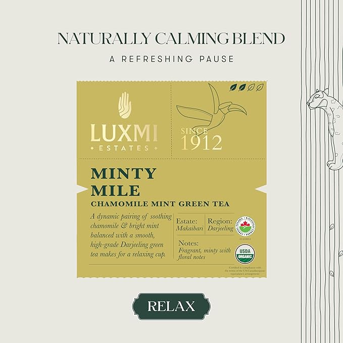 Luxmi Estates Minty Mile Organic Chamomile Mint Green Tea (25 Tea Bags) Low Caffeine Tea Bags For Relaxing, Calming, and Stress Relief, With Certified Organic Darjeeling Makaibari Green Tea - Bloomnest