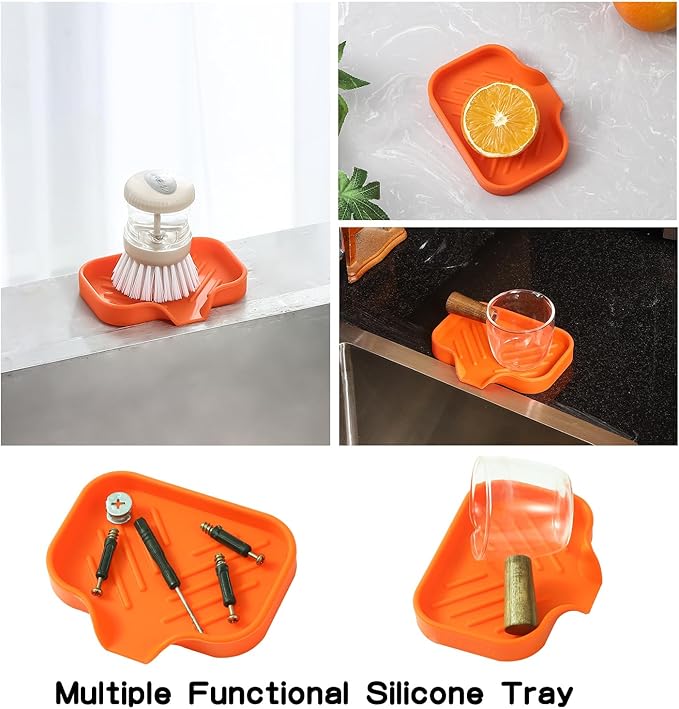 Silicone Bathroom Soap Dishes with Drain Spout-Bathroom and Kitchen Sink Organizer,Sponge Holder,Dish Soap Tray,Perfect for Dispenser,Scrubber,Bottle,Cup on Sink or Counter-Orange 4.9"×3.2" - Bloomnest